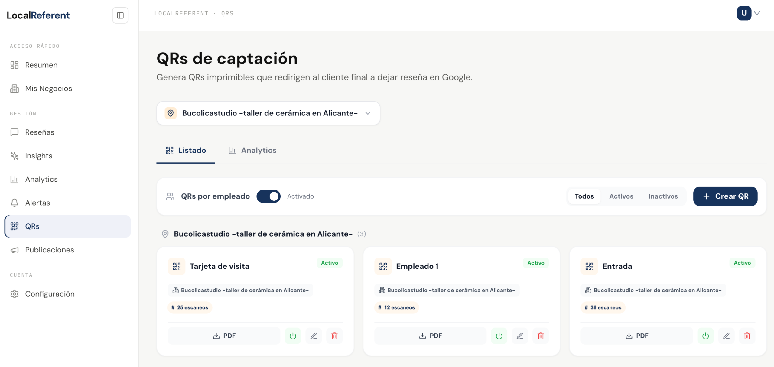 Módulo de QRs de captación de reseñas