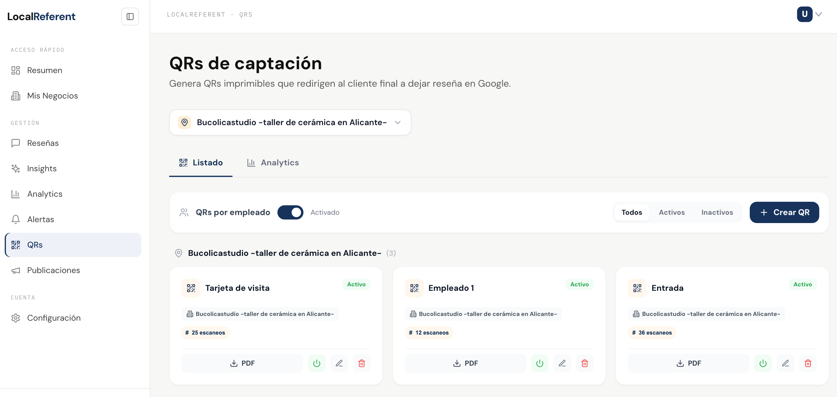 Módulo de QRs de captación de reseñas